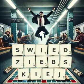 Kreatywna ilustracja do gry w Scrabble ze słowem SWIEDZIEBSKIEJ ułożonym z płytek na planszy.