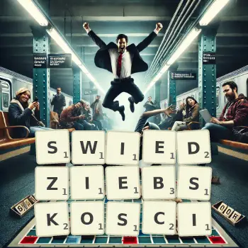 Kreatywna ilustracja do gry w Scrabble ze słowem SWIEDZIEBSKOSCI ułożonym z płytek na planszy.