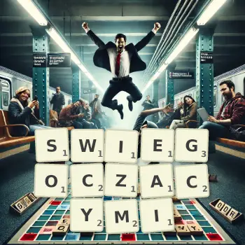 Kreatywna ilustracja do gry w Scrabble ze słowem SWIEGOCZACYMI ułożonym z płytek na planszy.