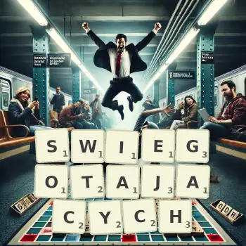 Kreatywna ilustracja do gry w Scrabble ze słowem SWIEGOTAJACYCH ułożonym z płytek na planszy.