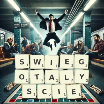 Kreatywna ilustracja do gry w Scrabble ze słowem SWIEGOTALYSCIE ułożonym z płytek na planszy.