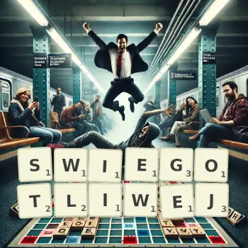Kreatywna ilustracja do gry w Scrabble ze słowem SWIEGOTLIWEJ ułożonym z płytek na planszy.