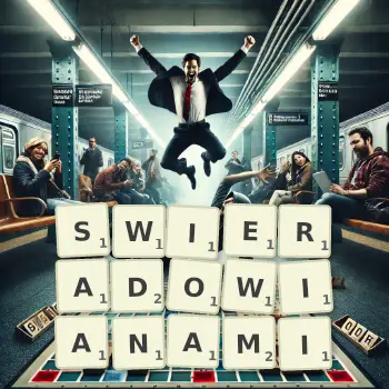Kreatywna ilustracja do gry w Scrabble ze słowem SWIERADOWIANAMI ułożonym z płytek na planszy.
