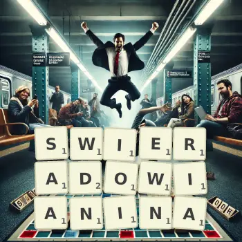 Kreatywna ilustracja do gry w Scrabble ze słowem SWIERADOWIANINA ułożonym z płytek na planszy.