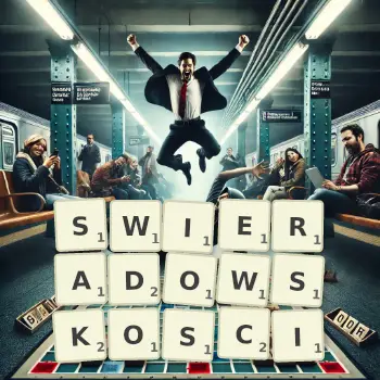 Kreatywna ilustracja do gry w Scrabble ze słowem SWIERADOWSKOSCI ułożonym z płytek na planszy.