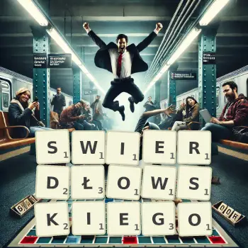 Kreatywna ilustracja do gry w Scrabble ze słowem SWIERDŁOWSKIEGO ułożonym z płytek na planszy.