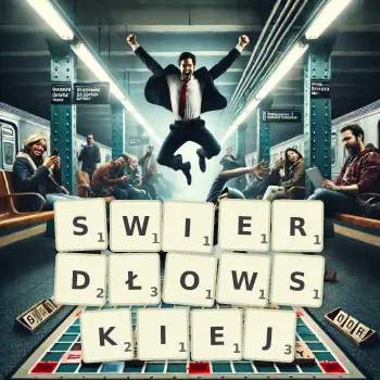 Kreatywna ilustracja do gry w Scrabble ze słowem SWIERDŁOWSKIEJ ułożonym z płytek na planszy.