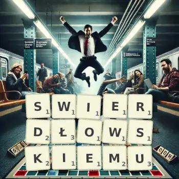 Kreatywna ilustracja do gry w Scrabble ze słowem SWIERDŁOWSKIEMU ułożonym z płytek na planszy.