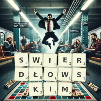 Kreatywna ilustracja do gry w Scrabble ze słowem SWIERDŁOWSKIM ułożonym z płytek na planszy.