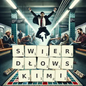 Kreatywna ilustracja do gry w Scrabble ze słowem SWIERDŁOWSKIMI ułożonym z płytek na planszy.