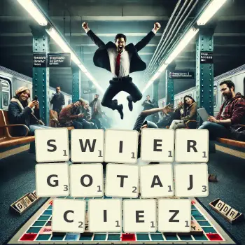Kreatywna ilustracja do gry w Scrabble ze słowem SWIERGOTAJCIEZ ułożonym z płytek na planszy.