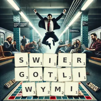 Kreatywna ilustracja do gry w Scrabble ze słowem SWIERGOTLIWYMI ułożonym z płytek na planszy.