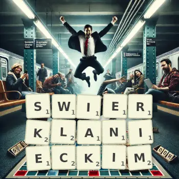 Kreatywna ilustracja do gry w Scrabble ze słowem SWIERKLANIECKIM ułożonym z płytek na planszy.