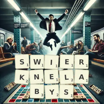 Kreatywna ilustracja do gry w Scrabble ze słowem SWIERKNELABYS ułożonym z płytek na planszy.