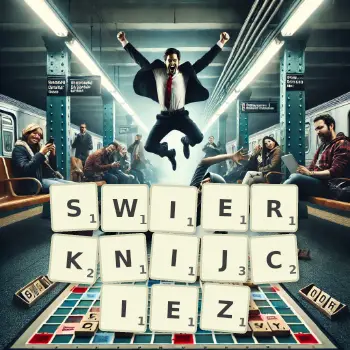 Kreatywna ilustracja do gry w Scrabble ze słowem SWIERKNIJCIEZ ułożonym z płytek na planszy.