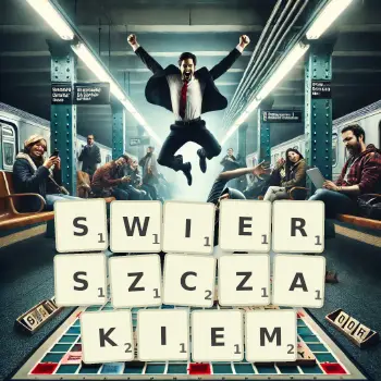 Kreatywna ilustracja do gry w Scrabble ze słowem SWIERSZCZAKIEM ułożonym z płytek na planszy.