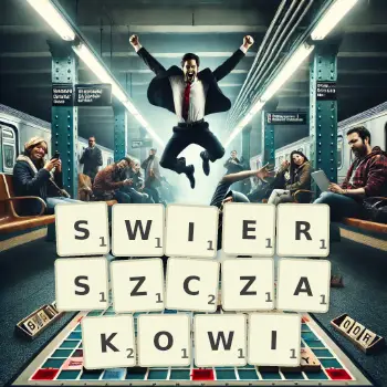Kreatywna ilustracja do gry w Scrabble ze słowem SWIERSZCZAKOWI ułożonym z płytek na planszy.