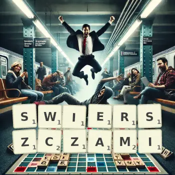 Kreatywna ilustracja do gry w Scrabble ze słowem SWIERSZCZAMI ułożonym z płytek na planszy.