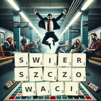 Kreatywna ilustracja do gry w Scrabble ze słowem SWIERSZCZOWACI ułożonym z płytek na planszy.