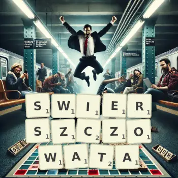 Kreatywna ilustracja do gry w Scrabble ze słowem SWIERSZCZOWATA ułożonym z płytek na planszy.