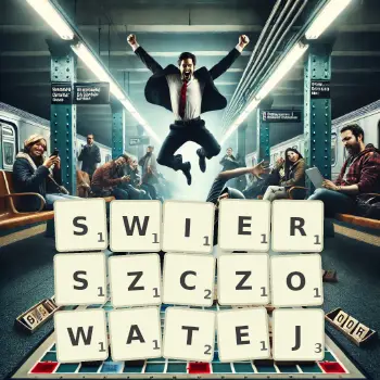 Kreatywna ilustracja do gry w Scrabble ze słowem SWIERSZCZOWATEJ ułożonym z płytek na planszy.
