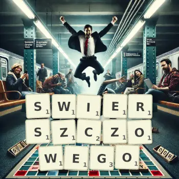 Kreatywna ilustracja do gry w Scrabble ze słowem SWIERSZCZOWEGO ułożonym z płytek na planszy.