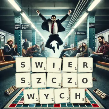 Kreatywna ilustracja do gry w Scrabble ze słowem SWIERSZCZOWYCH ułożonym z płytek na planszy.