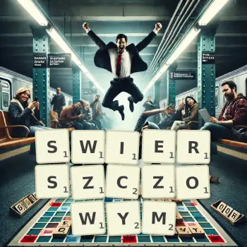 Kreatywna ilustracja do gry w Scrabble ze słowem SWIERSZCZOWYM ułożonym z płytek na planszy.