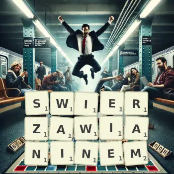 Kreatywna ilustracja do gry w Scrabble ze słowem SWIERZAWIANINEM ułożonym z płytek na planszy.