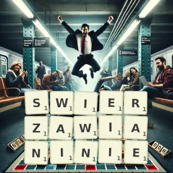 Kreatywna ilustracja do gry w Scrabble ze słowem SWIERZAWIANINIE ułożonym z płytek na planszy.