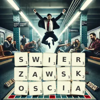 Kreatywna ilustracja do gry w Scrabble ze słowem SWIERZAWSKOSCIA ułożonym z płytek na planszy.