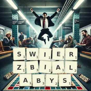 Kreatywna ilustracja do gry w Scrabble ze słowem SWIERZBIALABYS ułożonym z płytek na planszy.