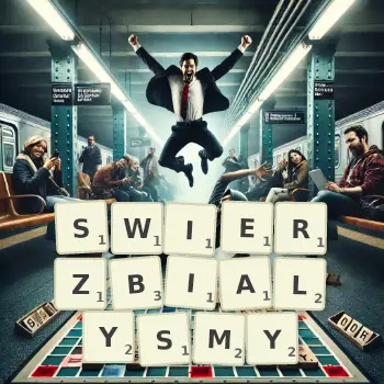 Kreatywna ilustracja do gry w Scrabble ze słowem SWIERZBIALYSMY ułożonym z płytek na planszy.