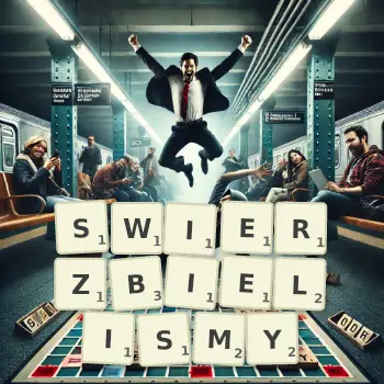 Kreatywna ilustracja do gry w Scrabble ze słowem SWIERZBIELISMY ułożonym z płytek na planszy.