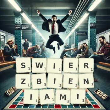 Kreatywna ilustracja do gry w Scrabble ze słowem SWIERZBIENIAMI ułożonym z płytek na planszy.