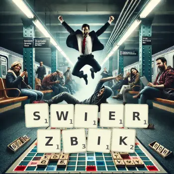 Kreatywna ilustracja do gry w Scrabble ze słowem SWIERZBIK ułożonym z płytek na planszy.