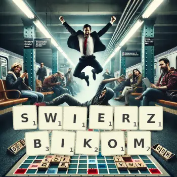 Kreatywna ilustracja do gry w Scrabble ze słowem SWIERZBIKOM ułożonym z płytek na planszy.