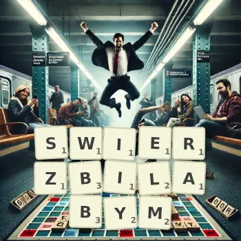 Kreatywna ilustracja do gry w Scrabble ze słowem SWIERZBILABYM ułożonym z płytek na planszy.