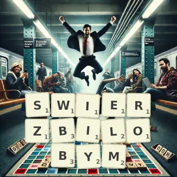 Kreatywna ilustracja do gry w Scrabble ze słowem SWIERZBILOBYM ułożonym z płytek na planszy.