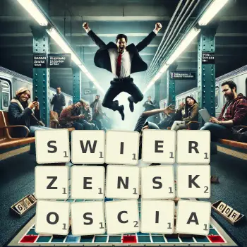 Kreatywna ilustracja do gry w Scrabble ze słowem SWIERZENSKOSCIA ułożonym z płytek na planszy.