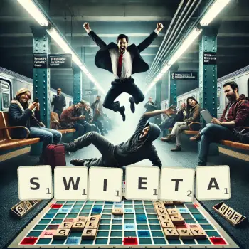 Kreatywna ilustracja do gry w Scrabble ze słowem SWIETA ułożonym z płytek na planszy.