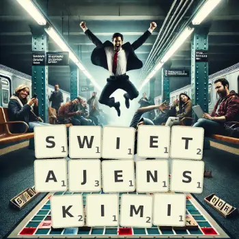 Kreatywna ilustracja do gry w Scrabble ze słowem SWIETAJENSKIMI ułożonym z płytek na planszy.