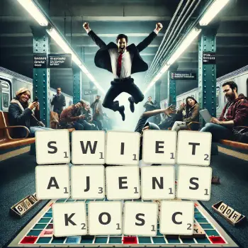 Kreatywna ilustracja do gry w Scrabble ze słowem SWIETAJENSKOSC ułożonym z płytek na planszy.