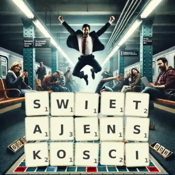 Kreatywna ilustracja do gry w Scrabble ze słowem SWIETAJENSKOSCI ułożonym z płytek na planszy.