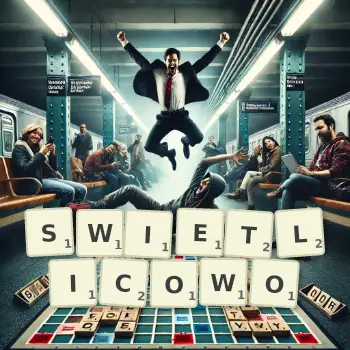 Kreatywna ilustracja do gry w Scrabble ze słowem SWIETLICOWO ułożonym z płytek na planszy.