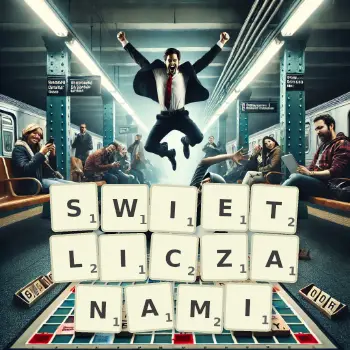 Kreatywna ilustracja do gry w Scrabble ze słowem SWIETLICZANAMI ułożonym z płytek na planszy.