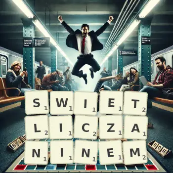 Kreatywna ilustracja do gry w Scrabble ze słowem SWIETLICZANINEM ułożonym z płytek na planszy.