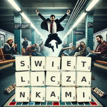Kreatywna ilustracja do gry w Scrabble ze słowem SWIETLICZANKAMI ułożonym z płytek na planszy.