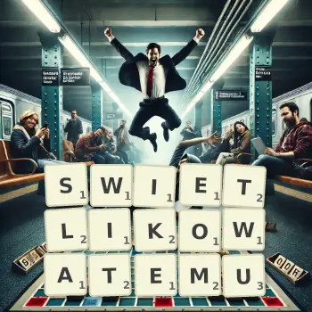 Kreatywna ilustracja do gry w Scrabble ze słowem SWIETLIKOWATEMU ułożonym z płytek na planszy.