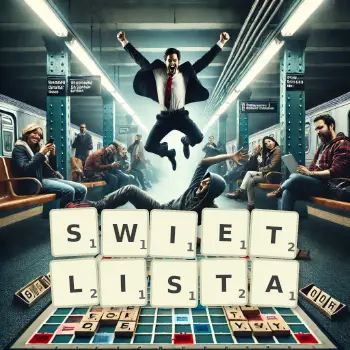 Kreatywna ilustracja do gry w Scrabble ze słowem SWIETLISTA ułożonym z płytek na planszy.